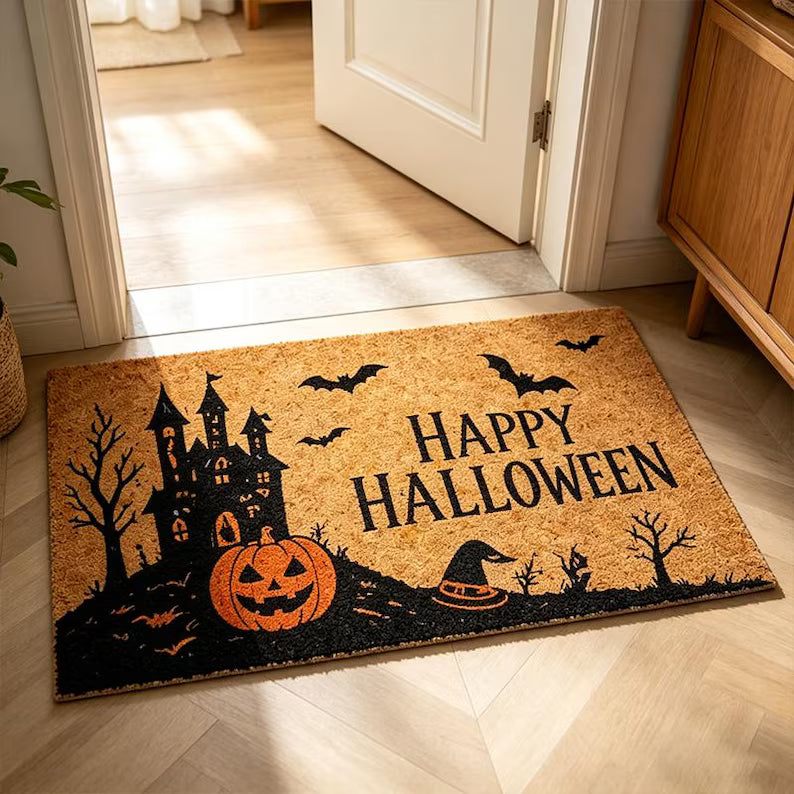 Happy Halloween Haunted House Doormat,Spooky Pumpkin & Bat Entry Rug,Halloween Front Door Decor,Retro Haunted Castle Halloween Doormat. DMPETAL9
