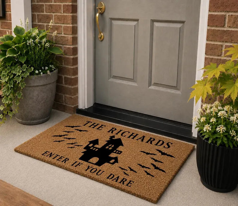 Personalized Halloween Doormat, Custom Family Name Welcome Mat, Spooky Family Home Decor, Fall Housewarming Gift, Trick or Treat Door Mat. DMPETAL7