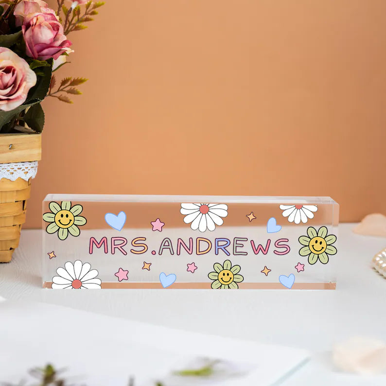 Personalized Teacher Name Desk Sign,Acrylic Desk Plate For Teacher,Custom Floral Name Block,Teacher Appreciation Gift,Back To School Sign. DNPETAL10