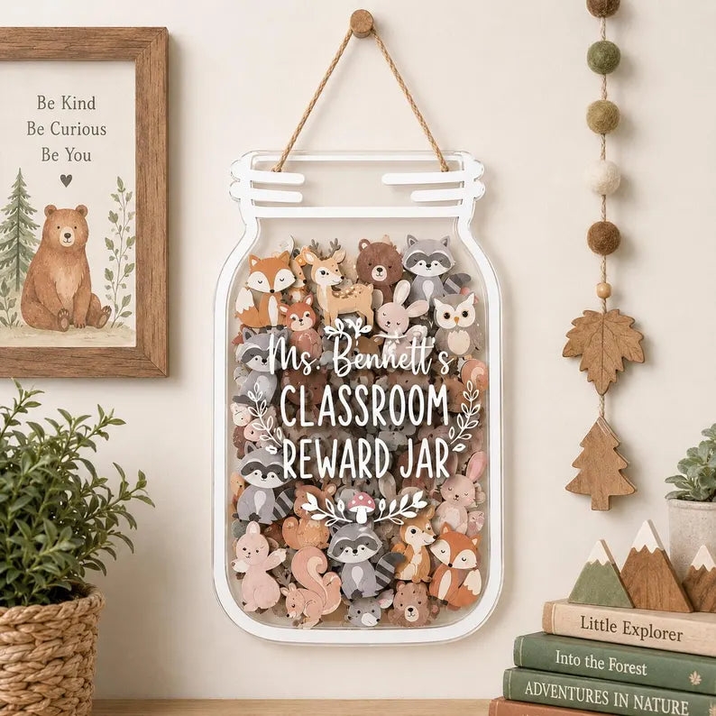 Personalized Woodland Animal Reward Jar, Wooden Forest Theme Classroom Incentive, Custom Nature Token Board for Kids, Back to School Gift. RJPETAL03