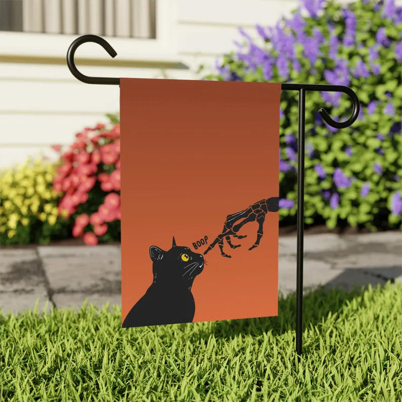 Black Cat Garden Flag Cute Halloween Porch Decor with Skeleton Hand Funny Boop Cat Gift Idea for Cat Lovers Outdoor Spooky Yard Banner. HLWGFPETAL16