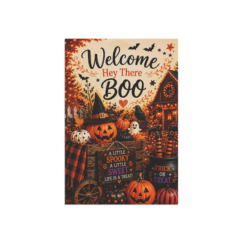 Halloween Garden Flag Welcome Boo Decor, Spooky Cute Pumpkin Porch Flag, Trick or Treat Fall Yard Decoration Welcome Flag. HLWGFPETAL18