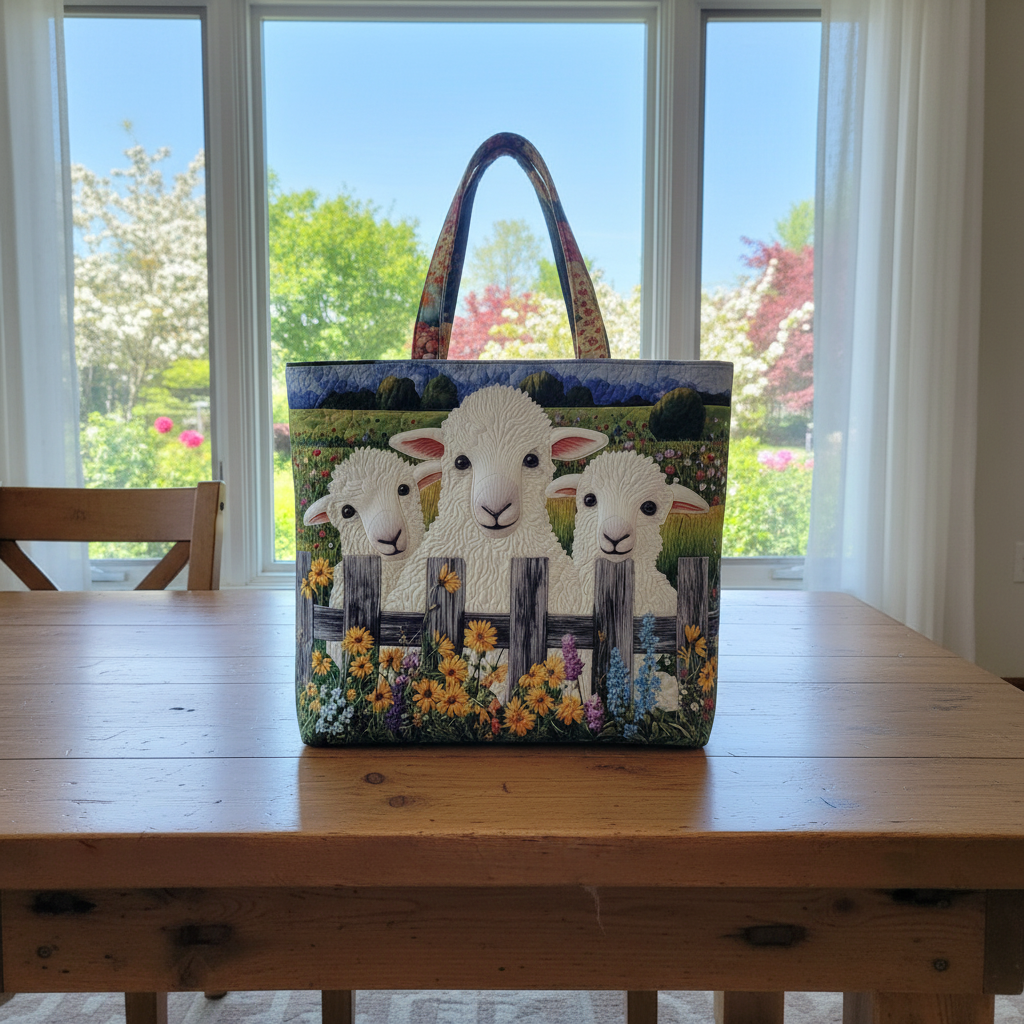 Sheep Farm Quilted Tote Bag – Cute Lamb Fence Floral Shoulder Bag, Cottagecore Meadow Market Tote, Animal Lover Gift for Women
