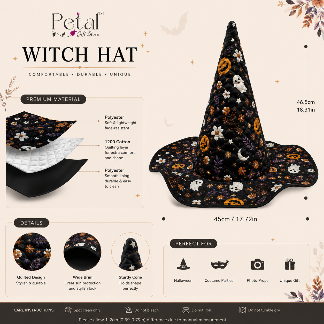 Quilted Witch Hat for Women – Handmade Style Halloween Costume Hat with Moon, Stars & Patchwork Design. QWHPETAL6