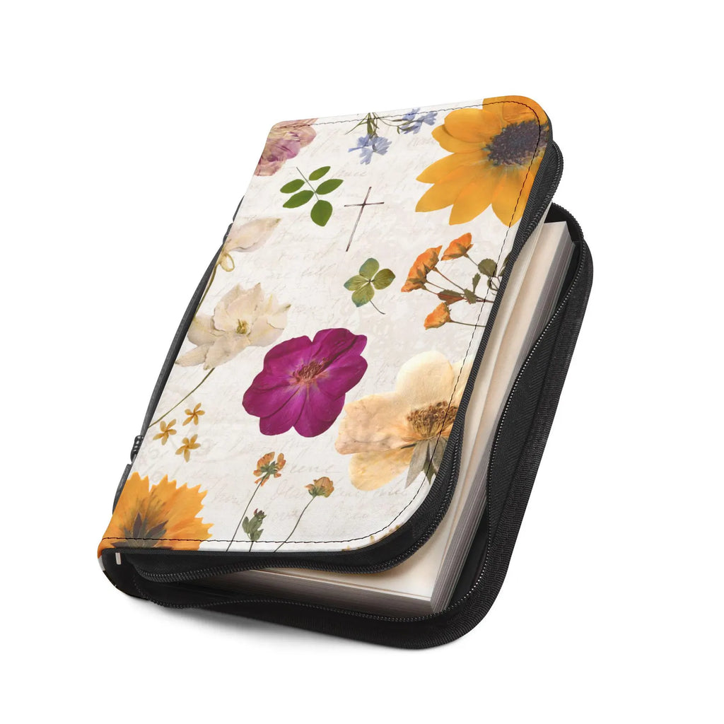 Pressed Floral Cross Bible Cover | Floral Zippered Bible Case. BCPETAL22