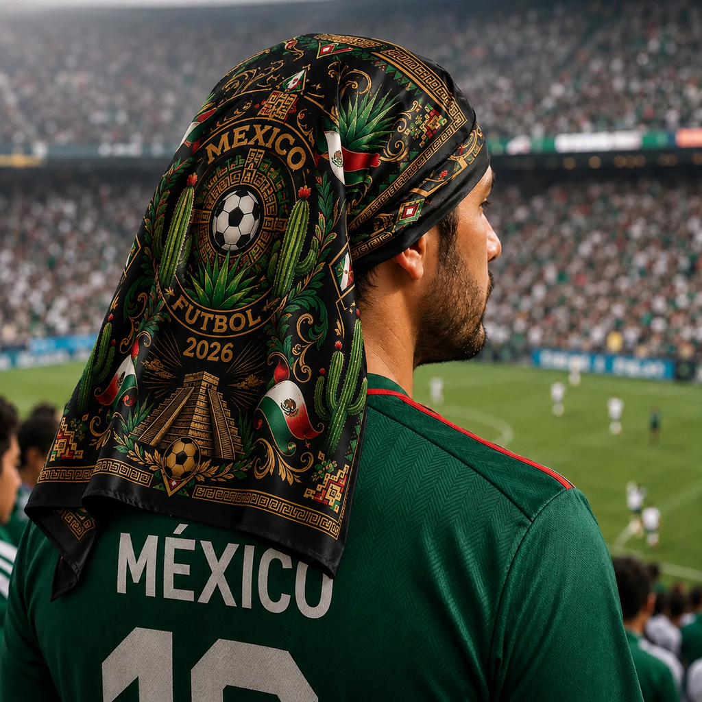 Mexico Soccer Satin Bandana, Mexican Eagle and Chichen Itza Head Scarf, Green White Red Football Supporter Accessory, Match Day Gift. SSPETAL1