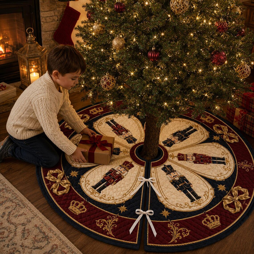 Nutcracker Christmas Tree Skirt, Quilted Holiday Tree Skirt, Royal Red Navy Gold Christmas Decor, Elegant Xmas Home Decor. CTSPETAL12