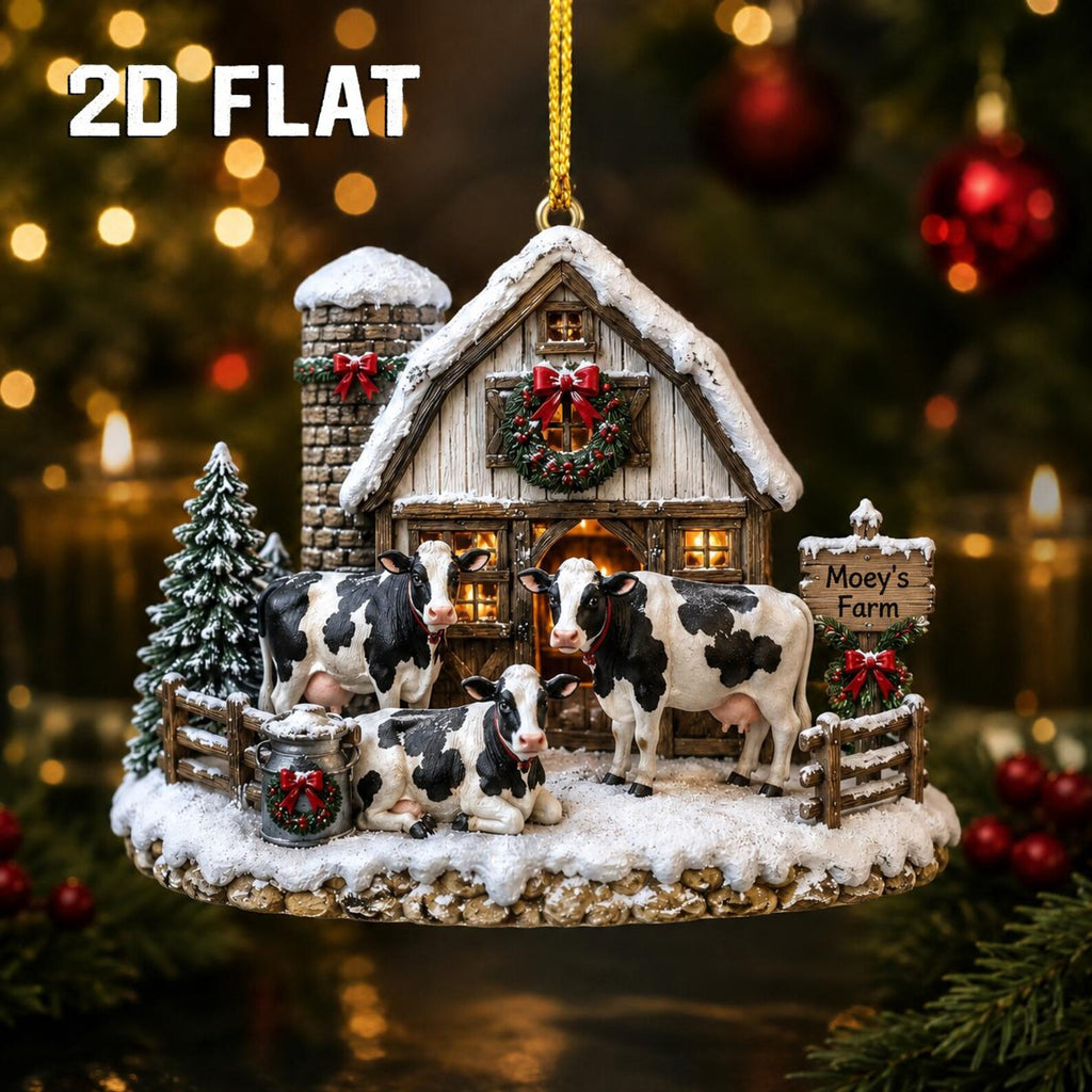 Personalized 2D Flat Cow Christmas Ornament, Custom Farm Name Wooden Ornament, Farmhouse Christmas Decor, Cow Lover Gift, Ranch Keepsake	COPETAL02