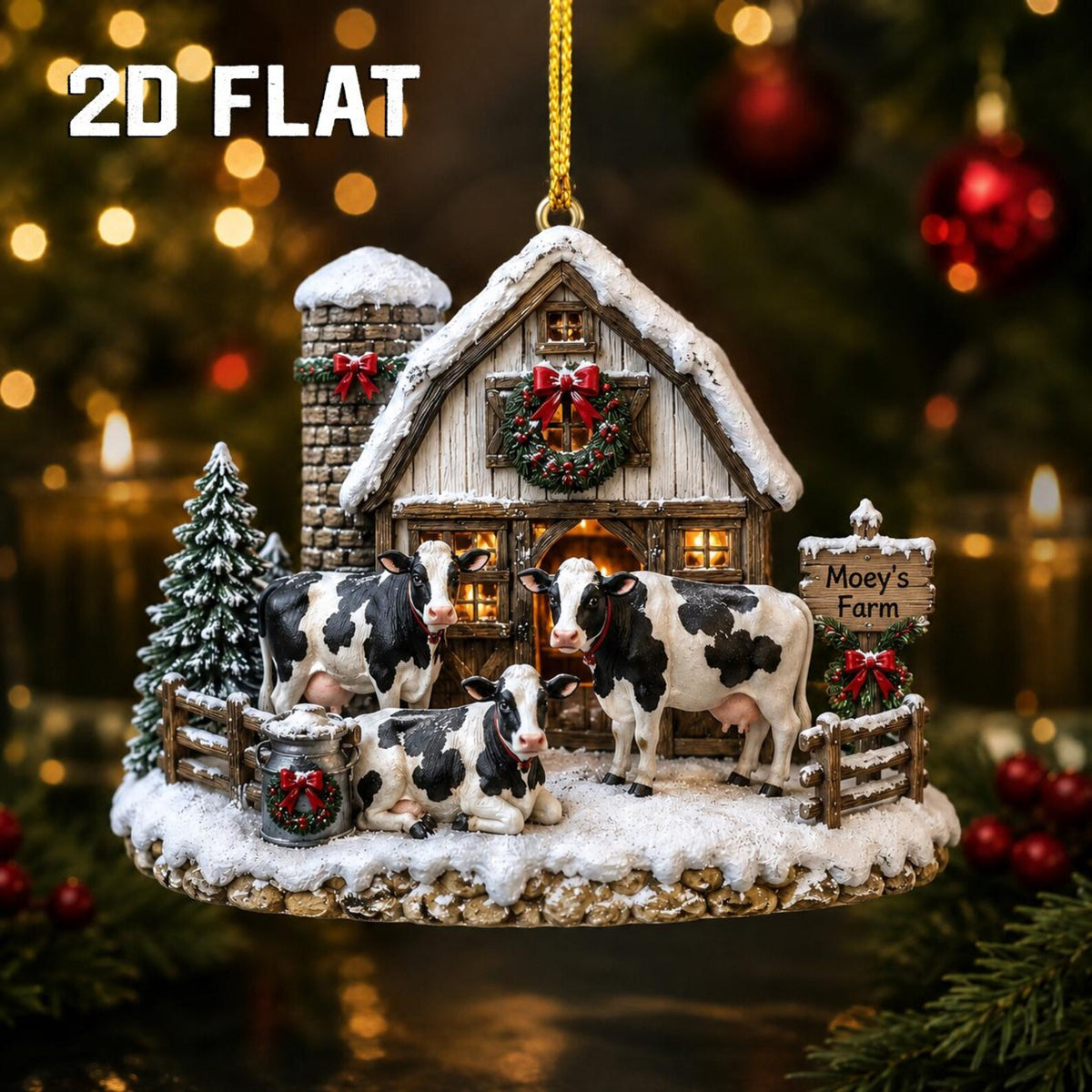 Personalized 2D Flat Cow Christmas Ornament, Custom Farm Name Wooden Ornament, Farmhouse Christmas Decor, Cow Lover Gift, Ranch Keepsake	COPETAL02