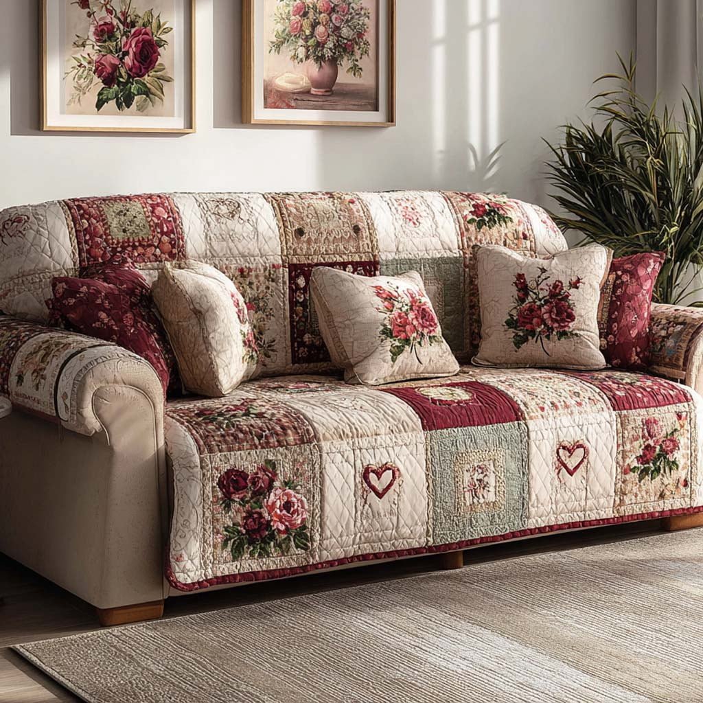 Personalized Burgundy Floral Quilted Sofa Cover, Floral Patchwork Sofa Cover, Patchwork Couch Throw, Sofa Protector, Holiday Sofa Decor QUILTSOFA04
