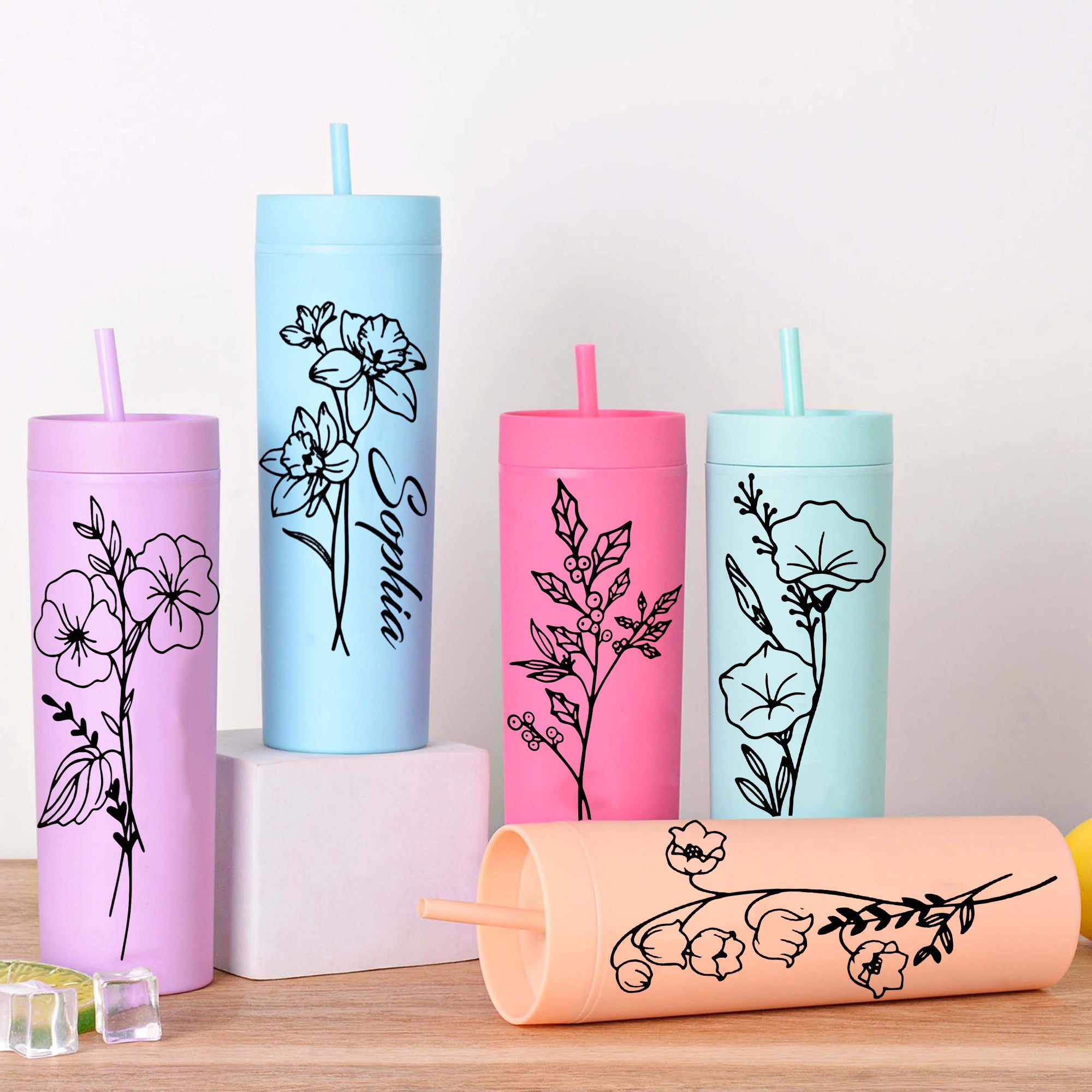 Personalized Birth Flowers Skinny Tumbler With Name, Custom Floral Initial Cup With Straw, Stainless Steel Skinny Tumbler, Birthday Gift For Her