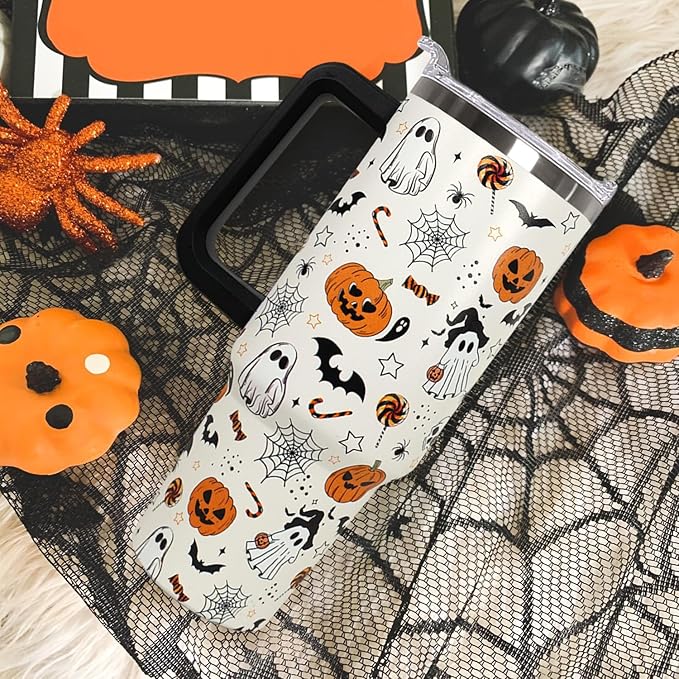 Ceovfoi 40 oz Halloween Pumpkin Tumbler Insulated Stainless Water Bottle Travel Coffee Cup, Water Bottle - Goth Ghost Witch Decor Gift for Women. TBLPETAL13