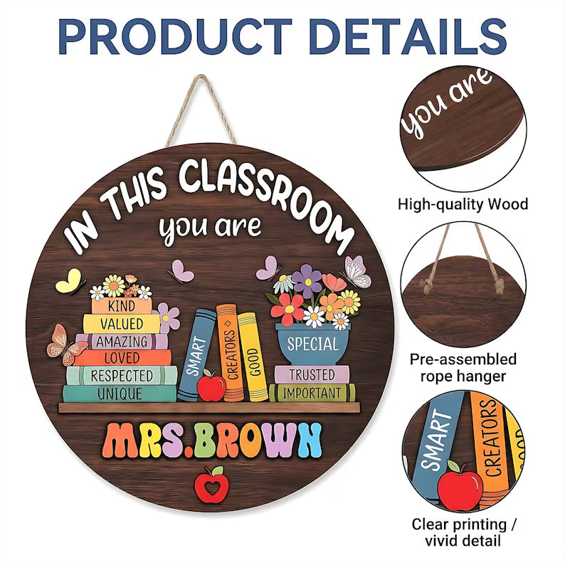 Personalized Teacher 3D Wooden Door Sign, Custom Teacher Door Hanger, Cute Classroom Decor, Teacher Name Sign Appreciation Gift for School. DHPETAL06