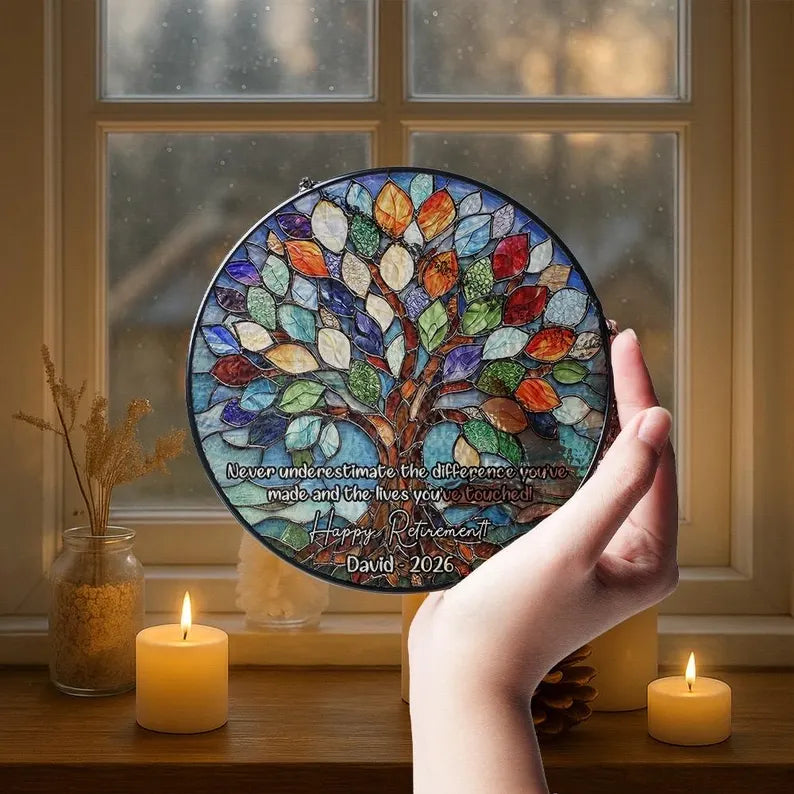 Tree of Life Retired Glass Suncatcher, Personalized Retirement Gift 2026, Farewell Gift for Teacher, Nurse, Coworker, Retirement Keepsake. SUNPETAL03
