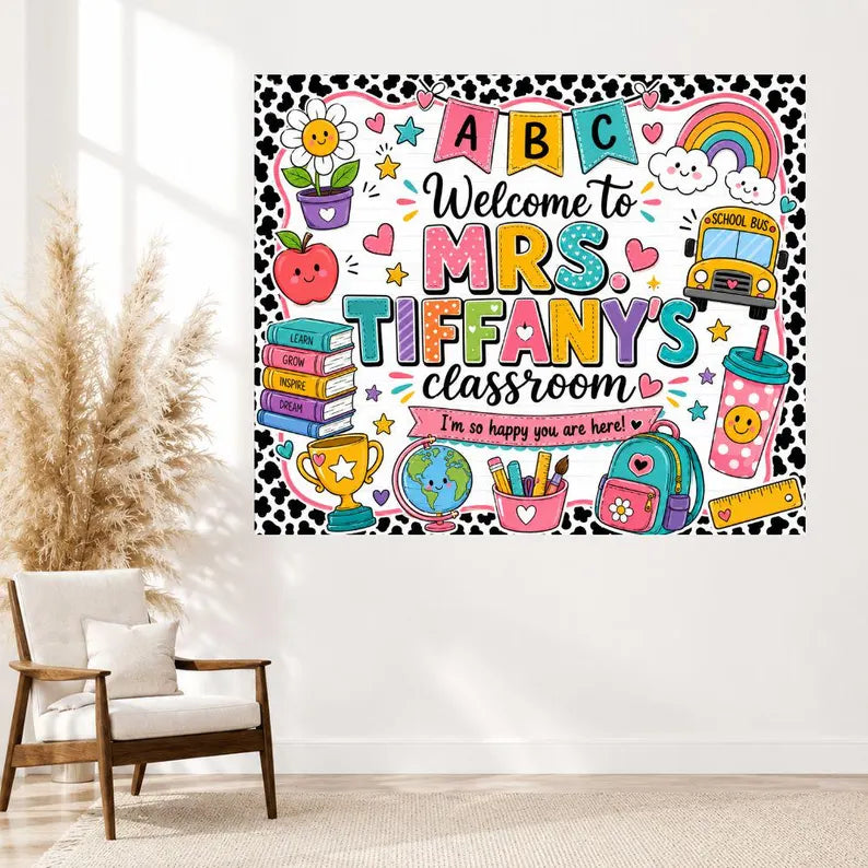 Personalized Teacher Welcome Tapestry, Teacher Banner Sign Back to School, Classroom Banner Decor, Custom Teacher Gift, First Day Of School. CBPETAL02