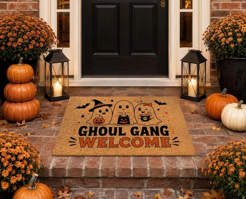 Ghoul Gang Welcome Doormat, Halloween Ghost Coir Mat, Cute Spooky Front Door Mat, Fall Porch Decor. DMPETAL1