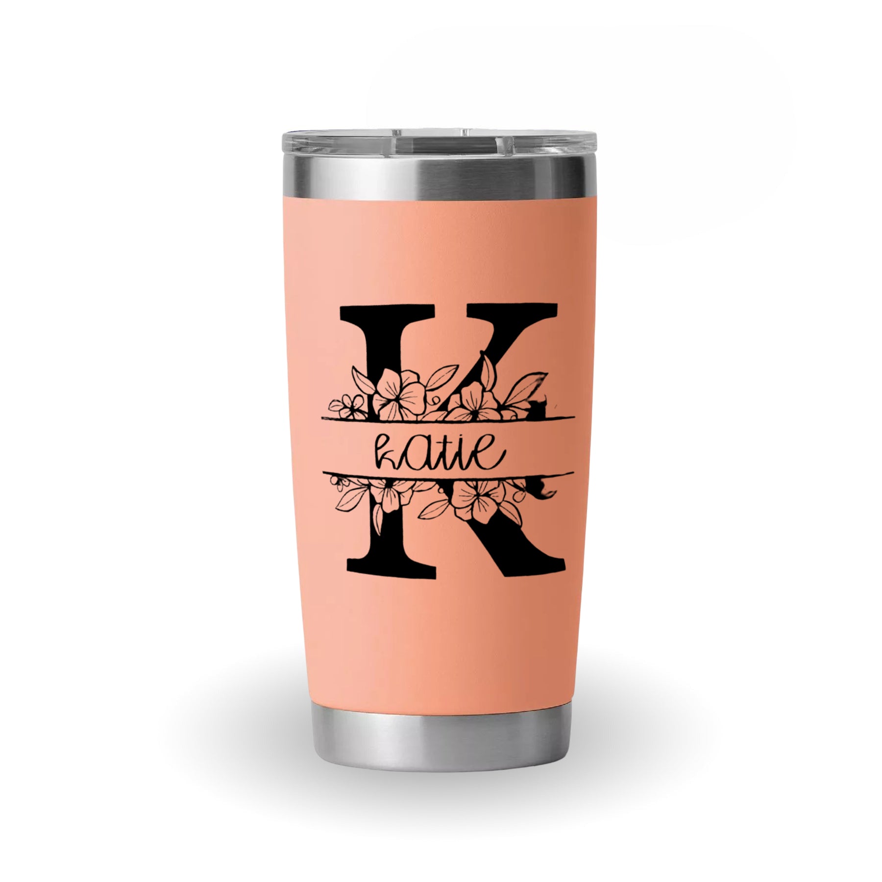 Personalized Initial Tumbler with Name and Flowers, Custom Stainless Steel Travel Mug with Straw, Monogram Floral Gift for Her