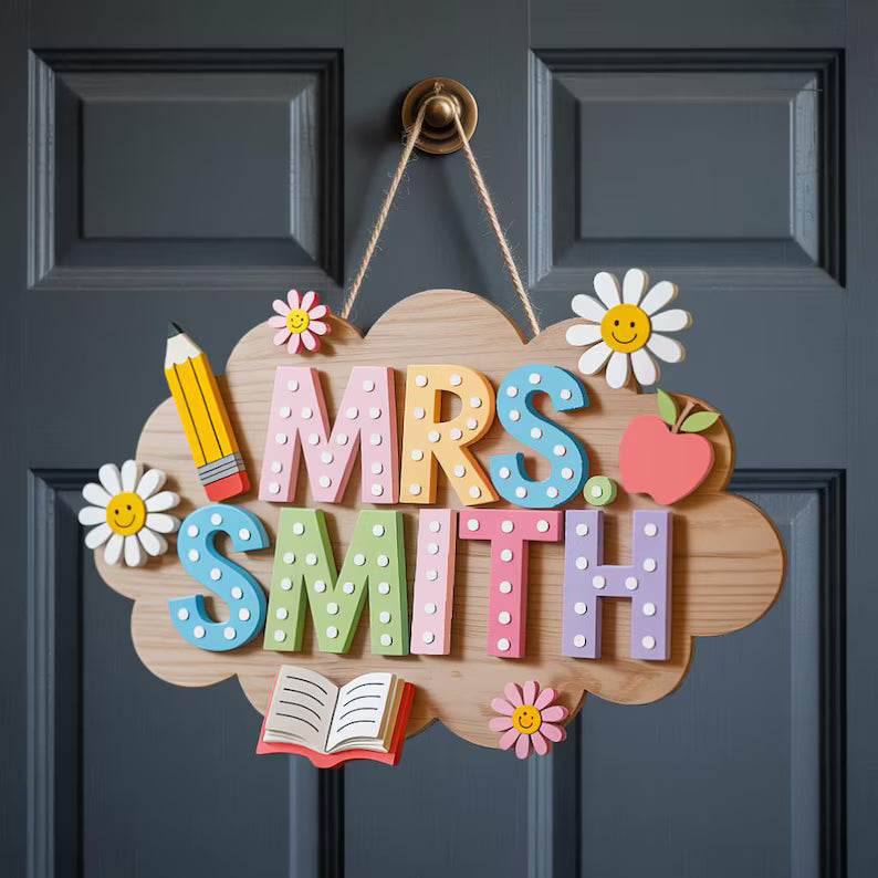 Personalized Teacher 3D Wooden Door Sign, Teacher Door Hanger, Cute Teacher Door Sign, Teacher Gift, Custom Teacher Name, Classroom Decor. DHPETAL13