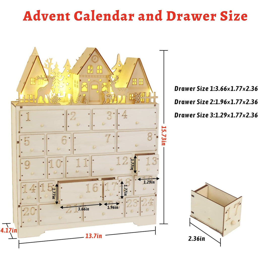 Wooden Christmas Village Advent Calendar with 24 Drawers, Reindeer House Holiday Countdown Decor – ACPETAL03