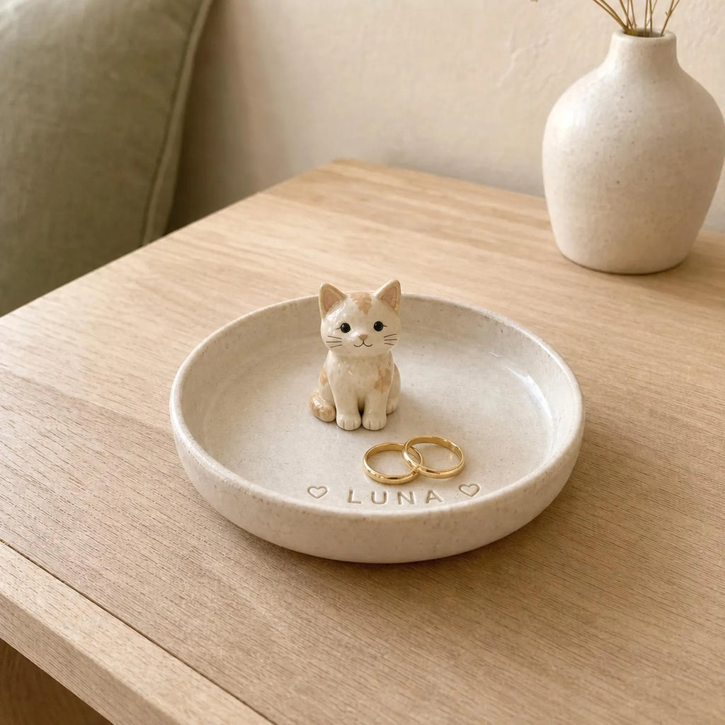 Personalized Ceramic Pet Ring Dish, Hand-Carved Dog Jewelry Tray, Pet Memorial Gift. CPPETAL01