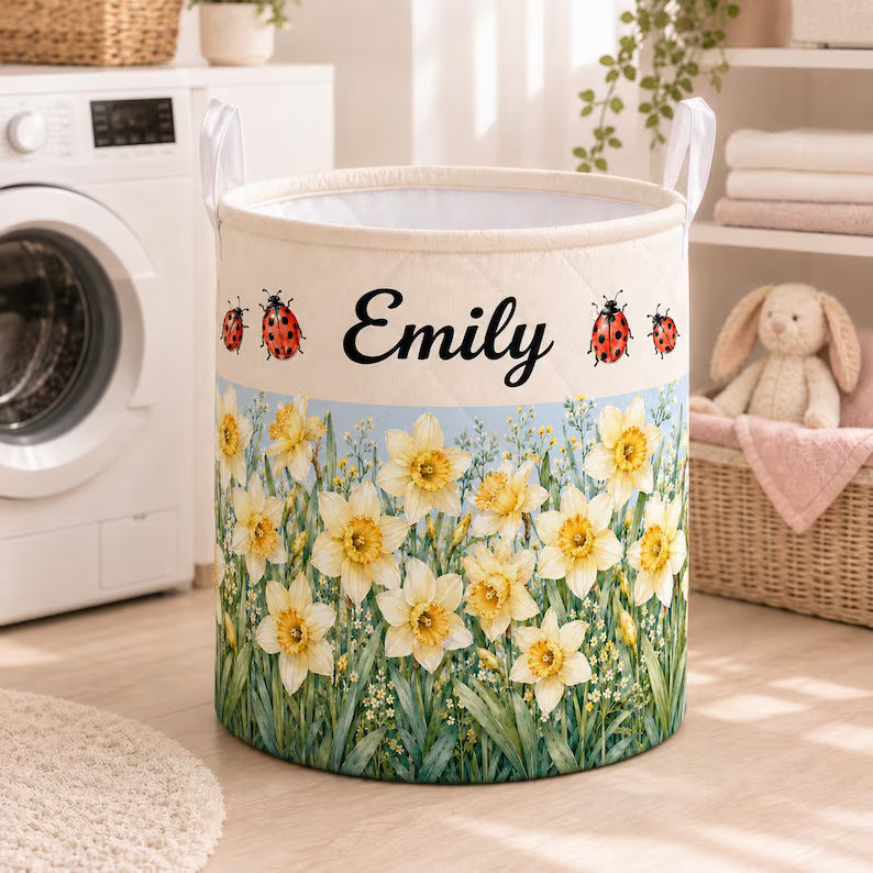 Personalized Birth Month Flower Quilted Laundry Basket, Custom Birth Flower Name Storage Basket, Bookworm Gift For Her LBPETAL151