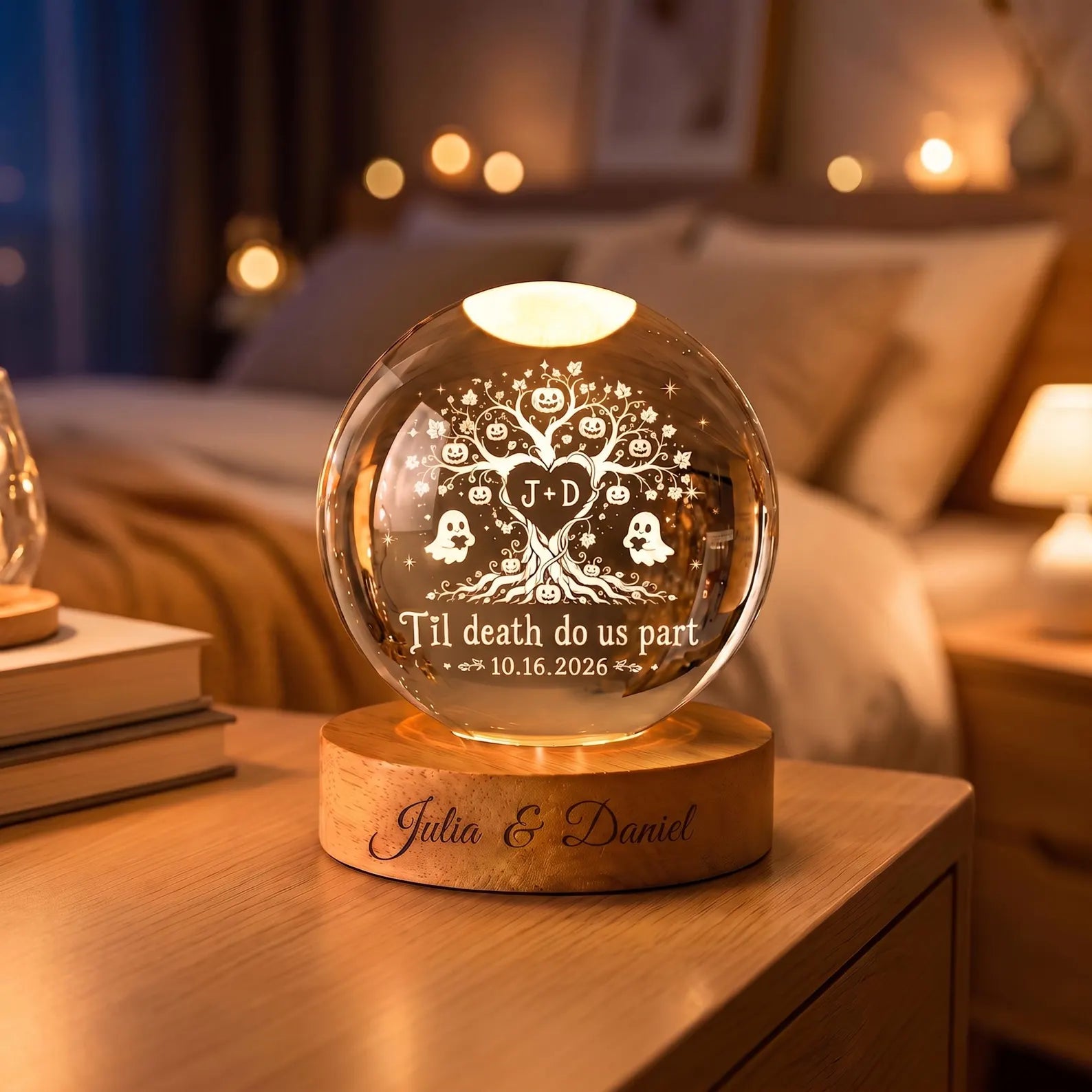 Custom Halloween Tree of Love Couple Crystal Ball Night Light, Wedding Gift for Couple, Spooky Couple LED Night Light, Halloween Home Decor. LEDPETAL6