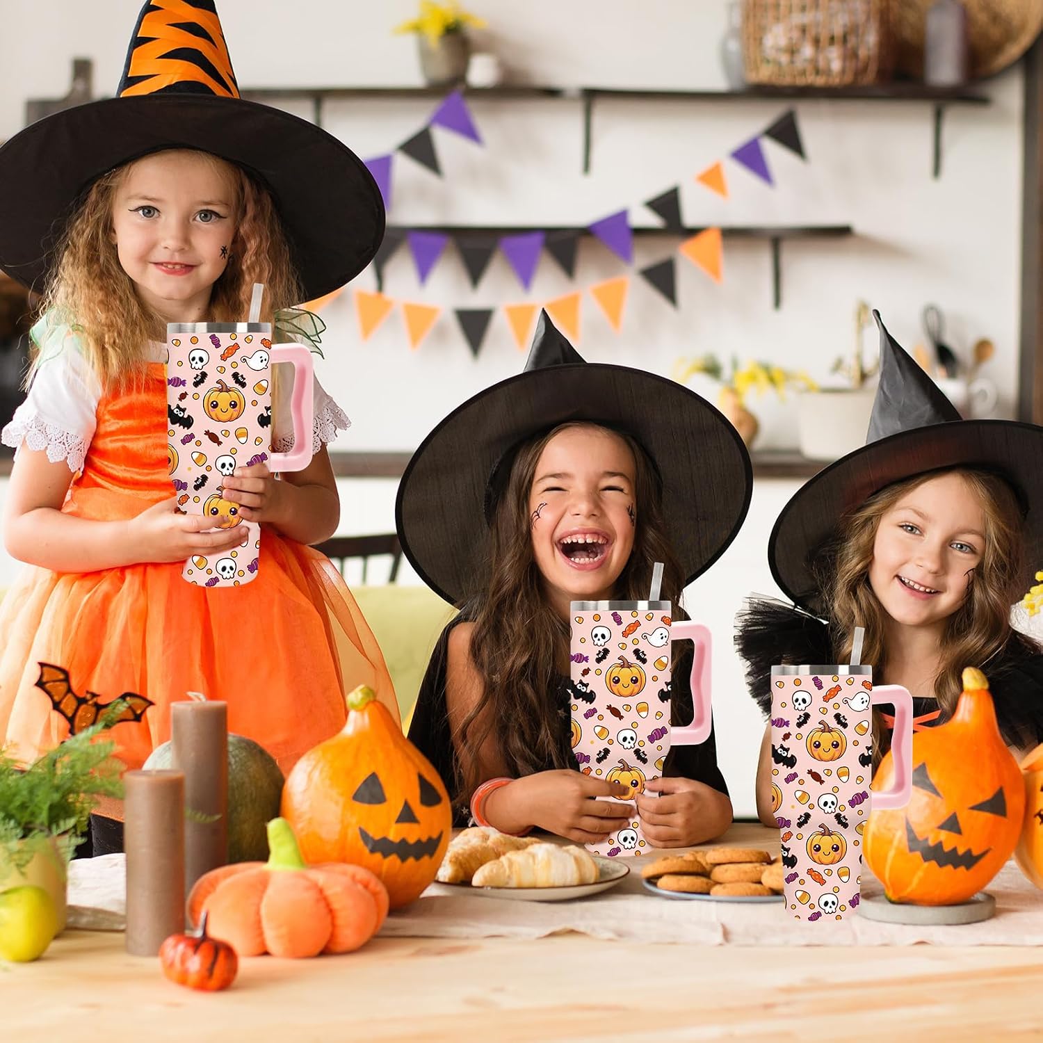 Whaline Halloween Tumbler 40oz Cute Pumpkin Skull Candy Corn Bat Tumbler with Lid Straw Pink Cartoon Stainless Steel Cup with Handle for Home Office Travel. TBLPETAL12