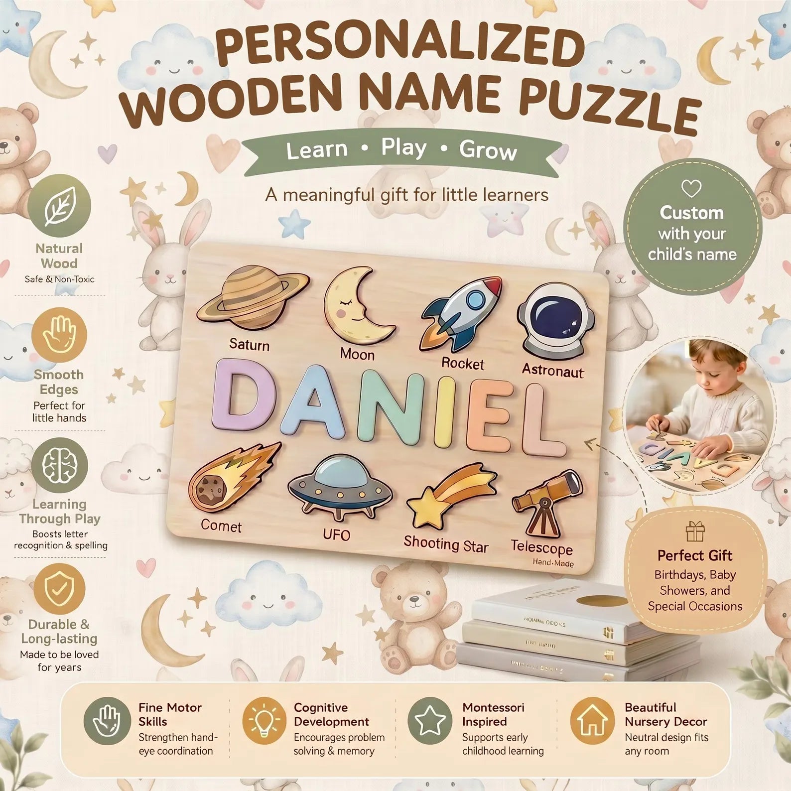 Personalized Name Puzzle, Custom Wooden Name Puzzle, Montessori Baby Gift, Woodland Nursery Decor, Toddler Learning Toy, First Birthday Gift. NPPETAL12