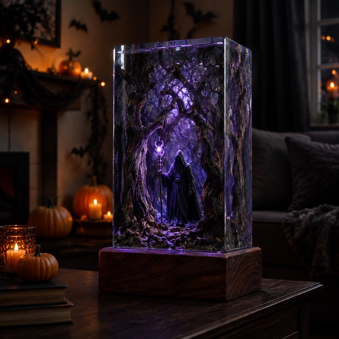 Wizard Resin Night Light, Dark Forest Fantasy Diorama, Handmade Epoxy Lamp, Book Lover Gift, Unique Fantasy Decor. RLPETAL04