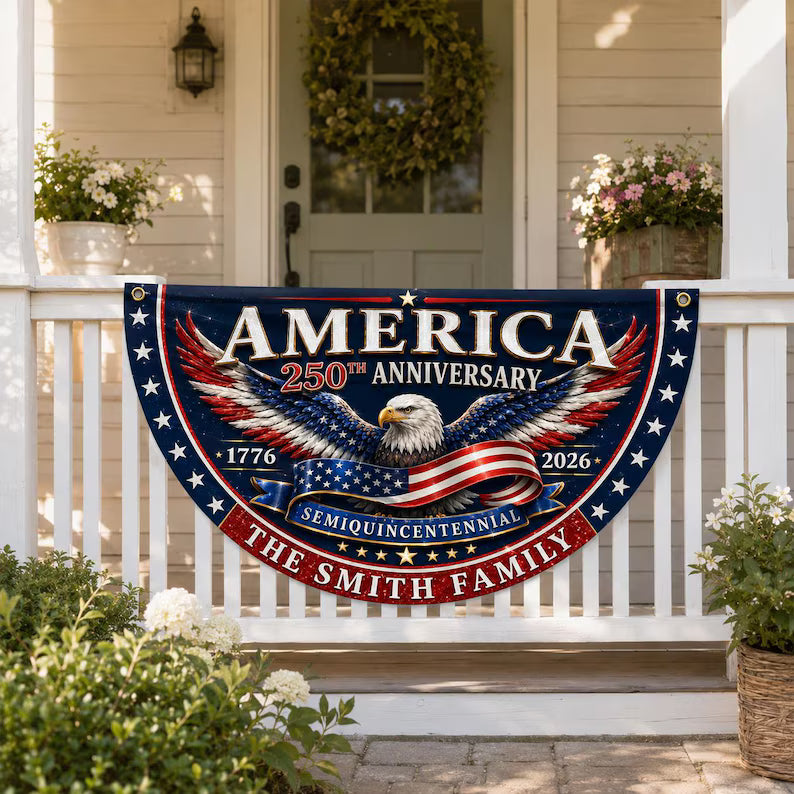 Custom Family Name America 250th Anniversary Fan Flag, 1776-2026 Semiquincentennial Patriotic Eagle Bunting, USA Outdoor Fence Decor. BPETAL10