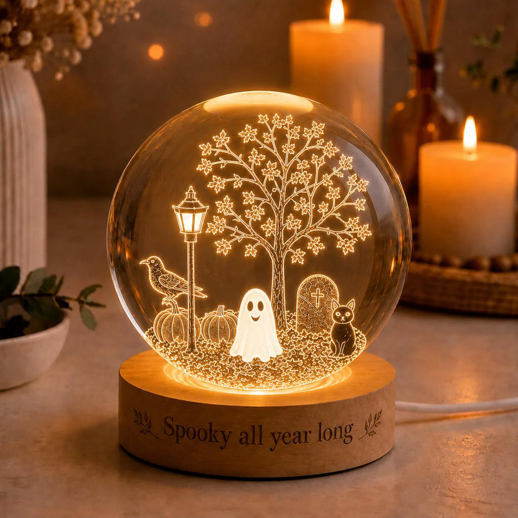 Spooky All Year Long Crystal Ball Lamp, Cute Ghost Night Light, Halloween Decor, Gothic Room Aesthetic, 3D Engraved Glass Sphere. LEDPETAL3
