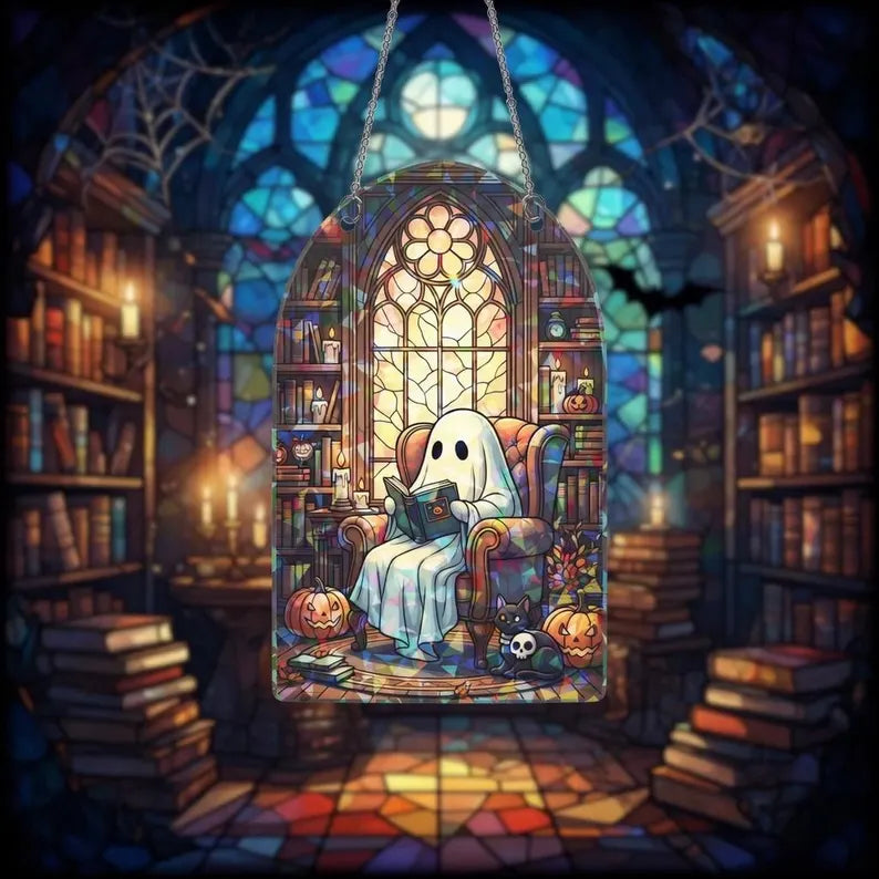 Halloween Ghost Hologram Acrylic Ornament: Gothic Window Hanging, Spooky Cute Decor, Autumn & Witchy Home Accent. HSPETAL13