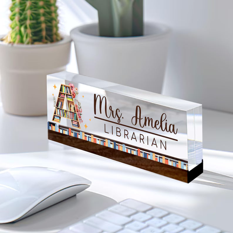 Custom Teacher Desk Name Plate, Teacher Acrylic Block, Teacher Appreciation Gift, Back to School, Book Lover Gift, Librarian Name Sign Gift. DNPETAL09