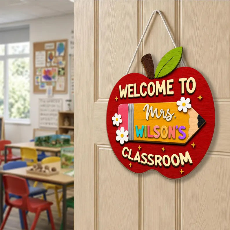 Personalized Apple Teacher Name Door Sign, Custom Welcome Door Hanger, Back to School 3D Wooden Classroom Decor, Teacher Appreciation Gifts. DHPETAL08