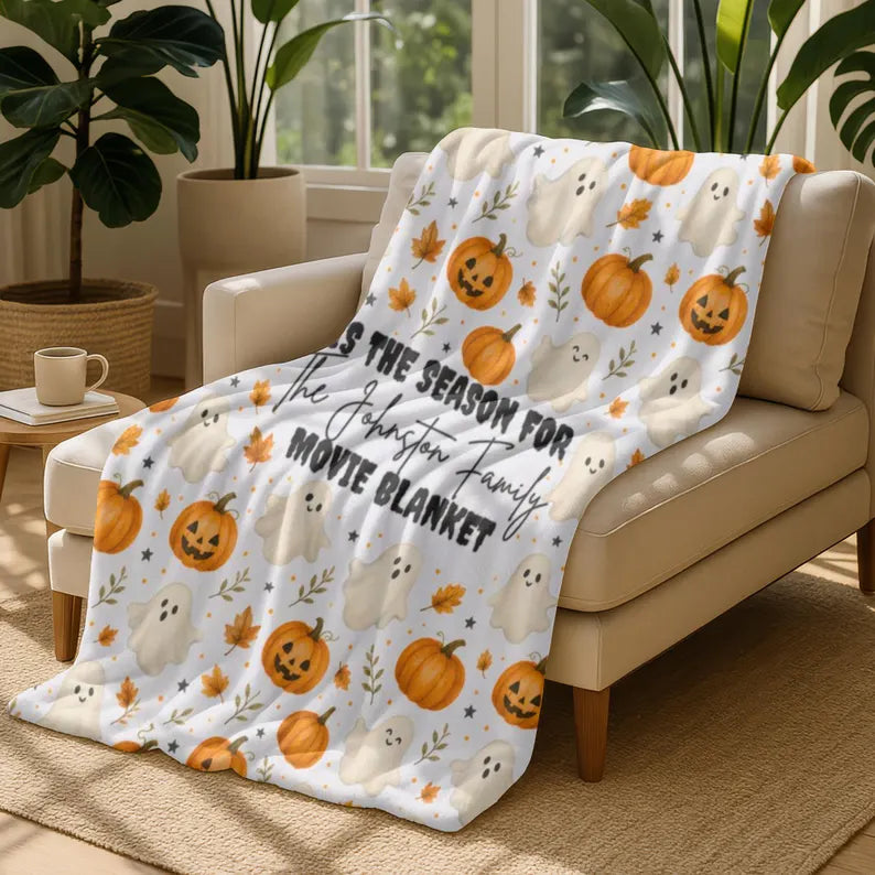 Custom Halloween Family Movie Night Blanket, Personalized Cozy Fall Couch Throw, Homewarming Gift, Ghost Pumpkin Blanket. BLKPETAL4