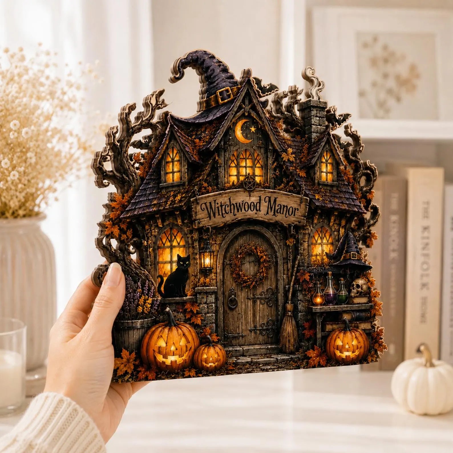 Custom Halloween Witch House Wooden Block, Personalized Pumpkin Cottage Decor, Spooky Autumn Table Sign, Witchy Home Decoration. WBPETAL1