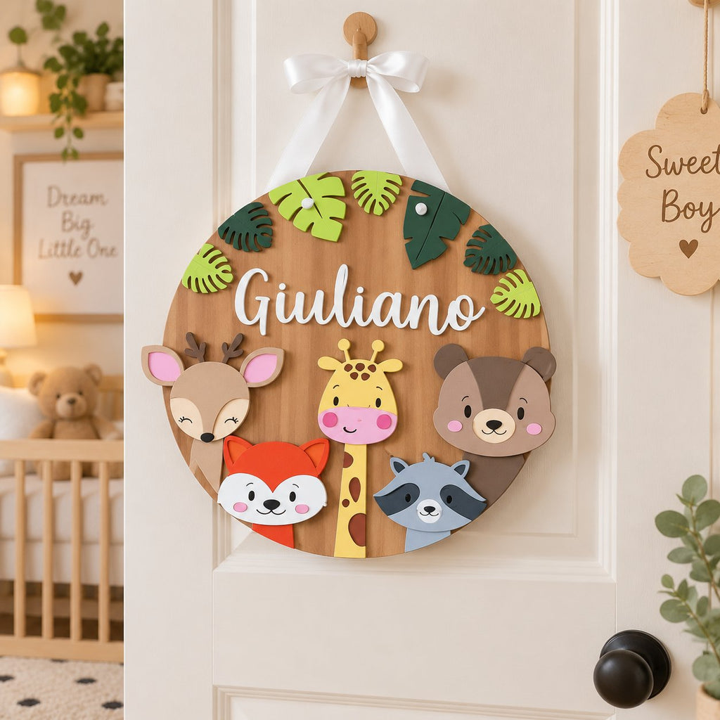 Personalized Woodland Animals Wooden Sign, Custom Boy Name Door Hanger, Safari Nursery Decor, Kids Room Wall Sign WOODKID04