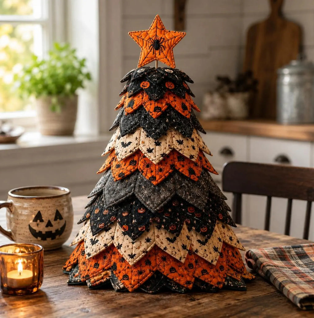 Halloween Star Quilted Fabric Tree Tabletop Decoration, Handmade Pumpkin Bat & Spider Spooky Fall Home Decor QCTPETAL05