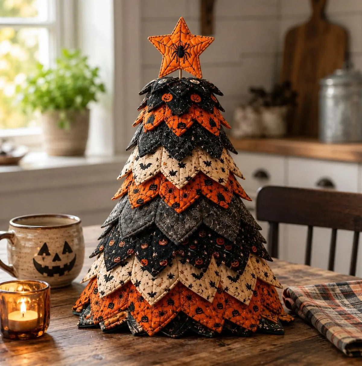 Halloween Star Quilted Fabric Tree Tabletop Decoration, Handmade Pumpkin Bat & Spider Spooky Fall Home Decor QCTPETAL05