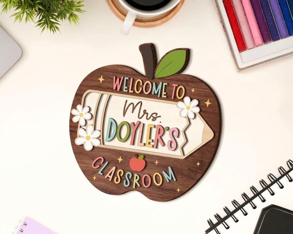 Personalized Apple Teacher Name Door Sign, 3D Welcome Door Hanger, Back to School Classroom Decor, Teacher Appreciation Gifts, Teacher Gift. DHPETAL01