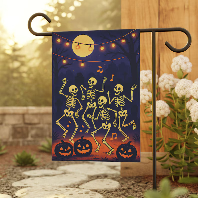 Dancing Skeletons Halloween Garden Flag, Funny Graveyard Party Decor, Spooky Skeleton Yard Sign. HLWGFPETAL3