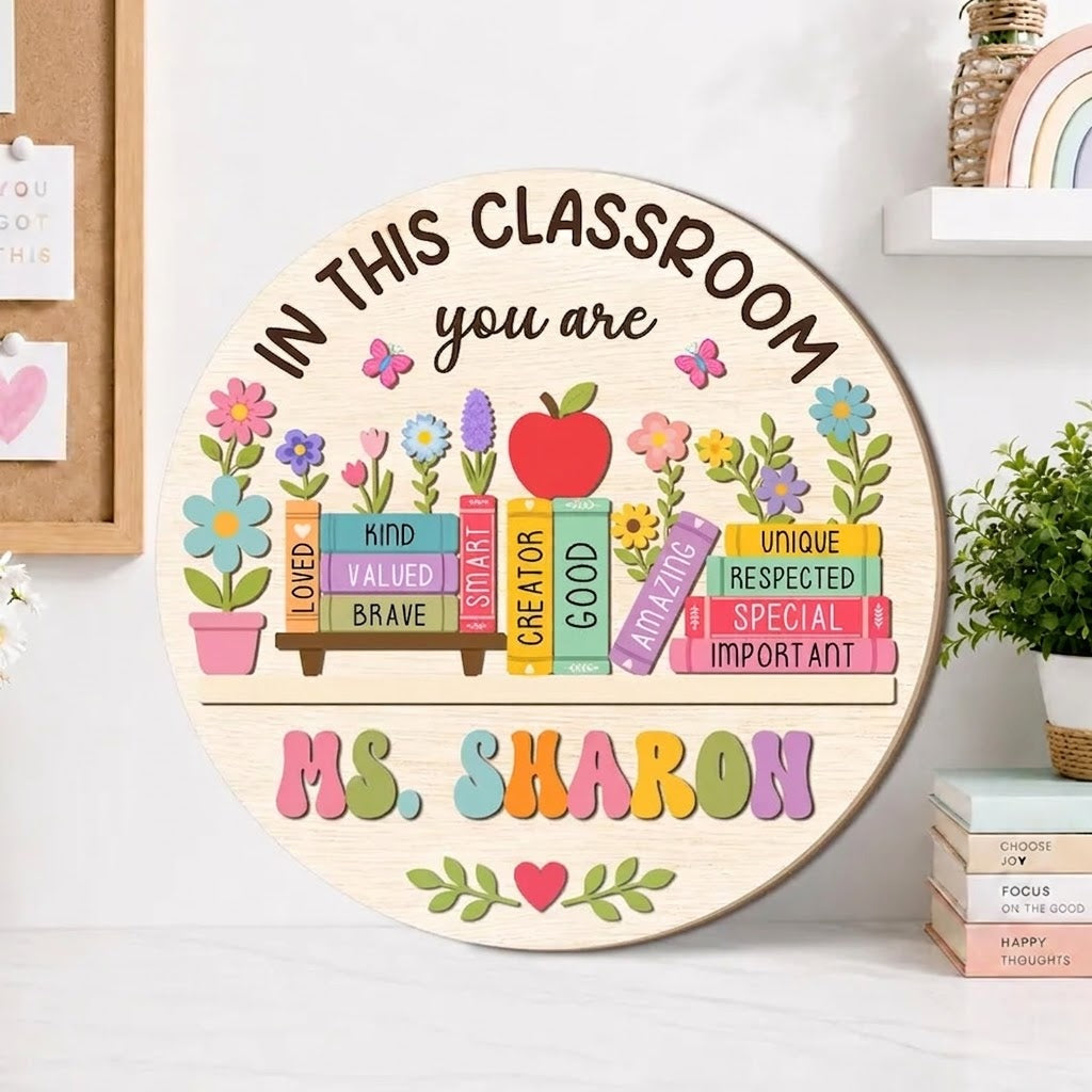 Custom Teacher Name Floral Door Sign, Personalized Classroom Door Hanger, 3D Wooden Decoration, Back to School Gift, Teacher Gifts. DHPETAL03