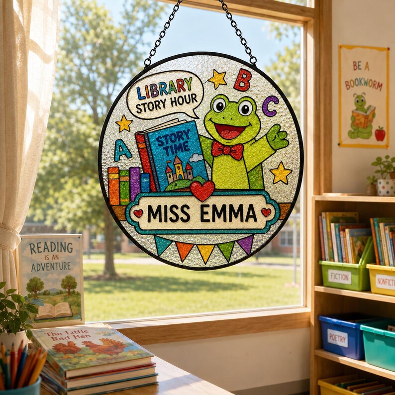 Personalized Frog Teacher Suncatcher, Library Story Hour Window Decor, Reading Classroom Gift, School Library Decor, Librarian Gift. SUNPETAL11