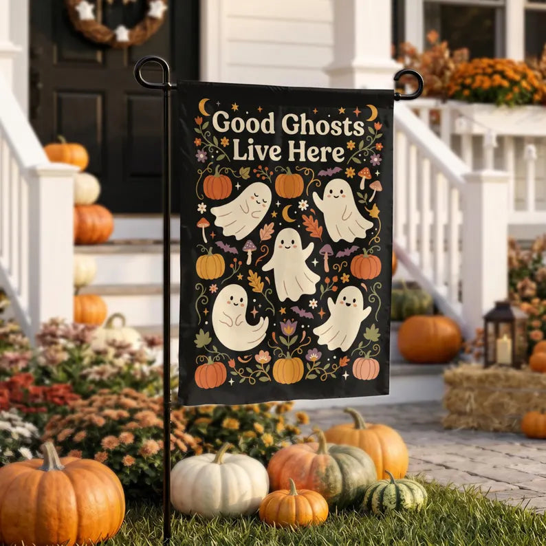 Outdoor Halloween Decorations, Garden Flag Made In Usa, Cute Ghost Pumpkin Decor, Halloween Decoration, Front Porch Decor, Housewarming Gift. HLWGFPETAL15