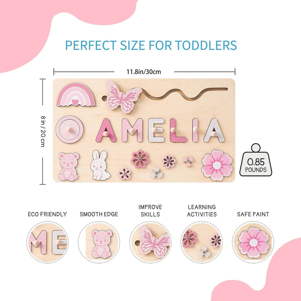 Custom Baby Girl Name Puzzle, Wooden Montessori Toys, Christmas Gifts for Toddlers, 1 year old gifts, Personalized 1st Girl birthday gifts. NPPETAL19