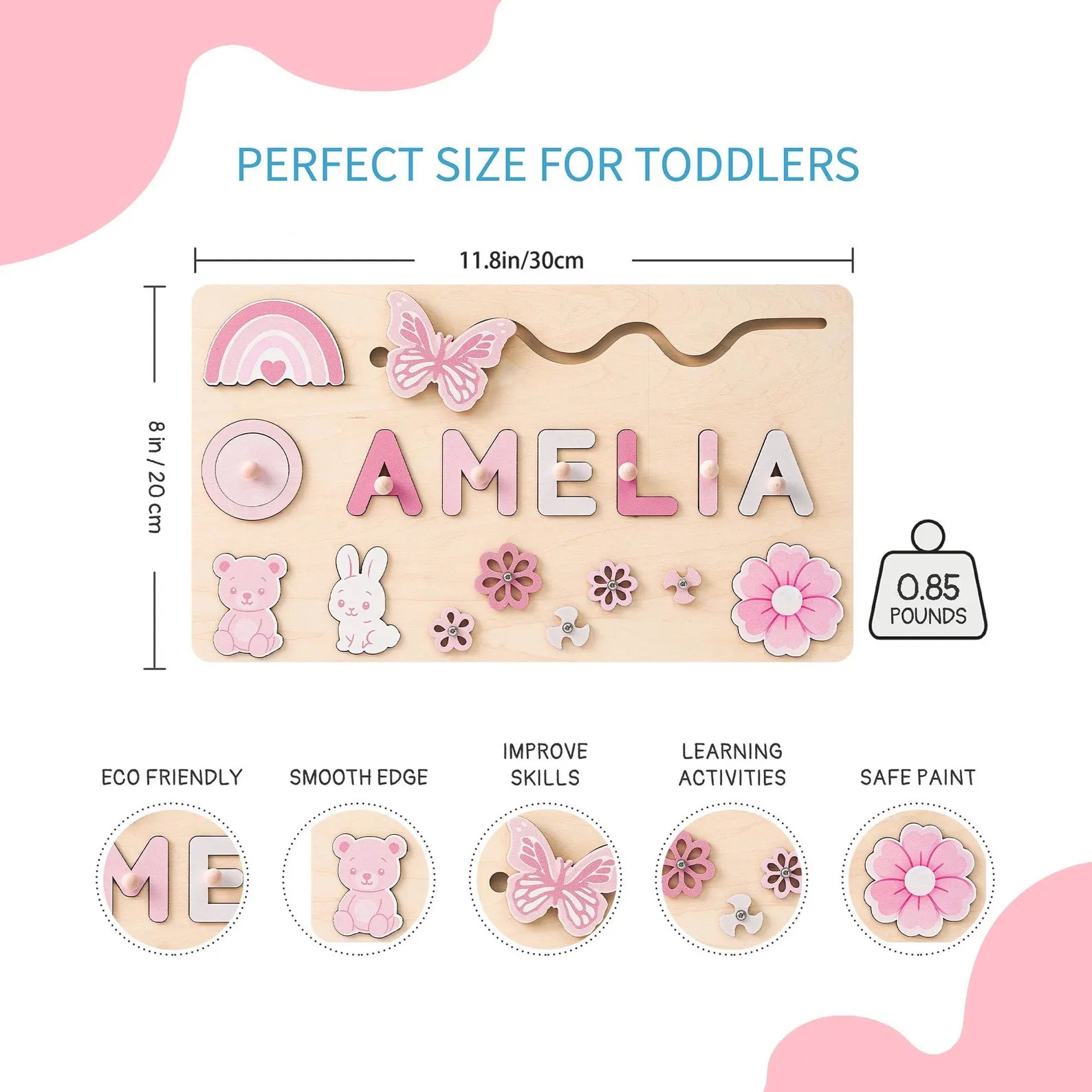 Custom Baby Girl Name Puzzle, Wooden Montessori Toys, Christmas Gifts for Toddlers, 1 year old gifts, Personalized 1st Girl birthday gifts. NPPETAL19