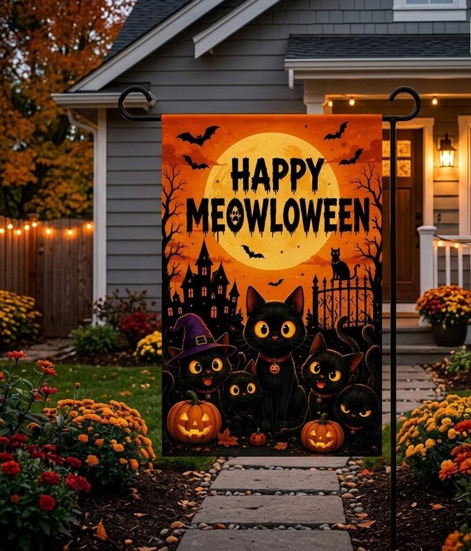 Happy Meowloween Garden Flag, Black Cat Halloween Yard Flag, Cute Spooky Pumpkin Outdoor Decor, Fall Porch Flag, Halloween Cat Lover Gift. HLWGFPETAL21