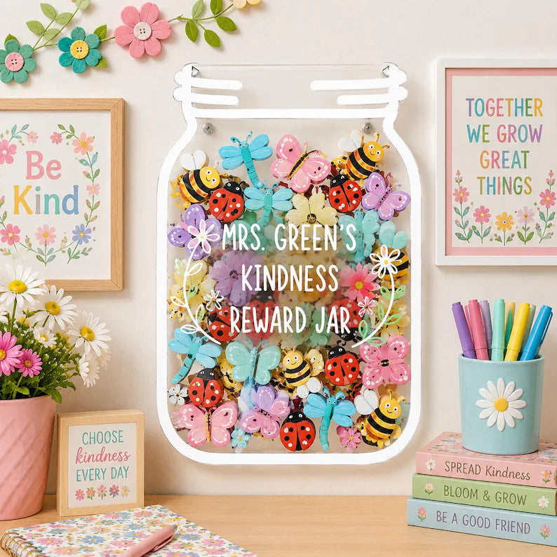 Personalized Kindness Reward Jar, Wooden Garden Theme Classroom Incentive, Custom Insect Token Board for Kids, Back to School Gift. RJPETAL02