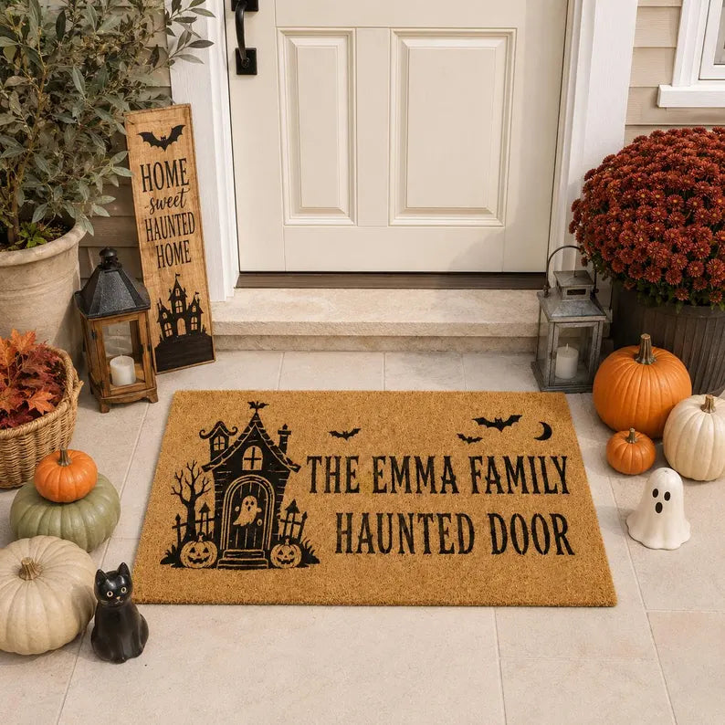 Halloween Doormat Haunted House Front Door Mat with Bats Moon and Pumpkins, Spooky Porch Decor, Gift for Halloween Family Entryway. DMPETAL8