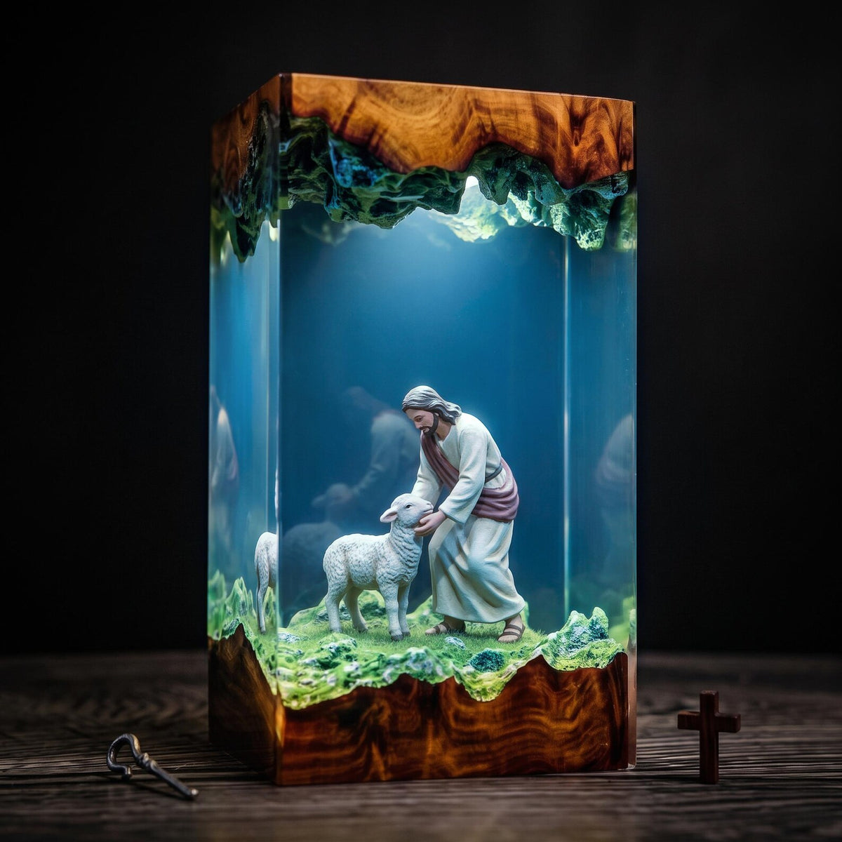 Jesus and Lamb Resin Lamp, Christian Night Light, Faith Religious Decor, Biblical Shepherd Scene, Christmas Gift, Christian Home Decoration. RLPETAL18